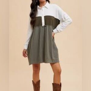 Anniewear Elegant White and Olive Midi Dress